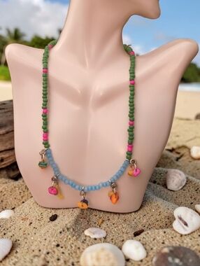 Multicolor Beaded Charm Necklace - Green, Pink, Blue, Orange